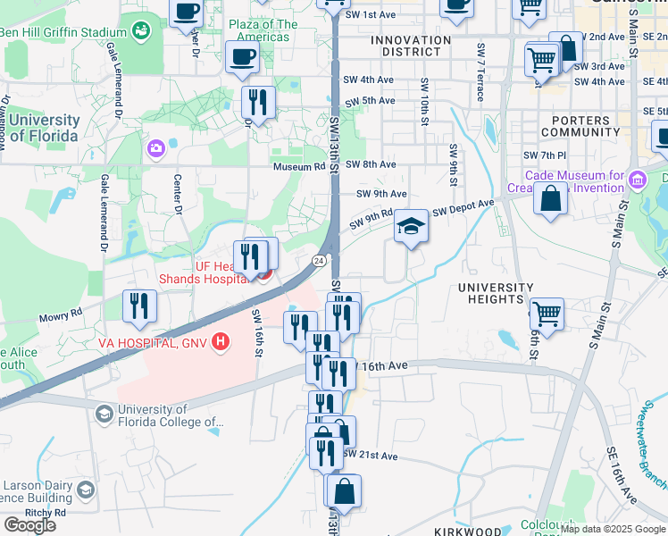map of restaurants, bars, coffee shops, grocery stores, and more near in Gainesville