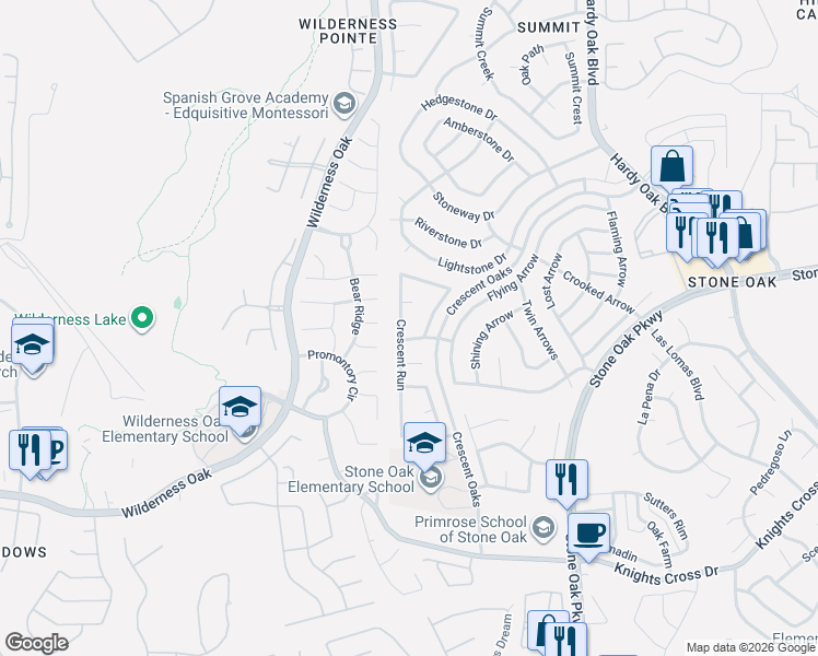 map of restaurants, bars, coffee shops, grocery stores, and more near 1522 Crescent Way in San Antonio