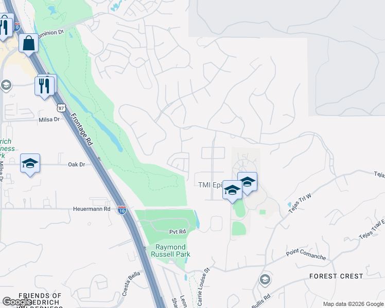 map of restaurants, bars, coffee shops, grocery stores, and more near 6334 Almeria Circle in San Antonio