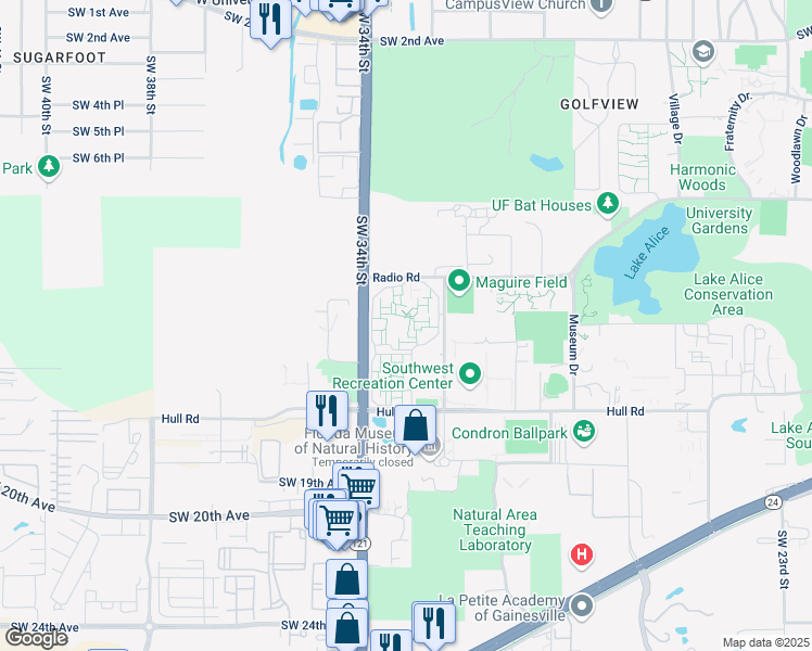 map of restaurants, bars, coffee shops, grocery stores, and more near 381 Maguire Village in Gainesville