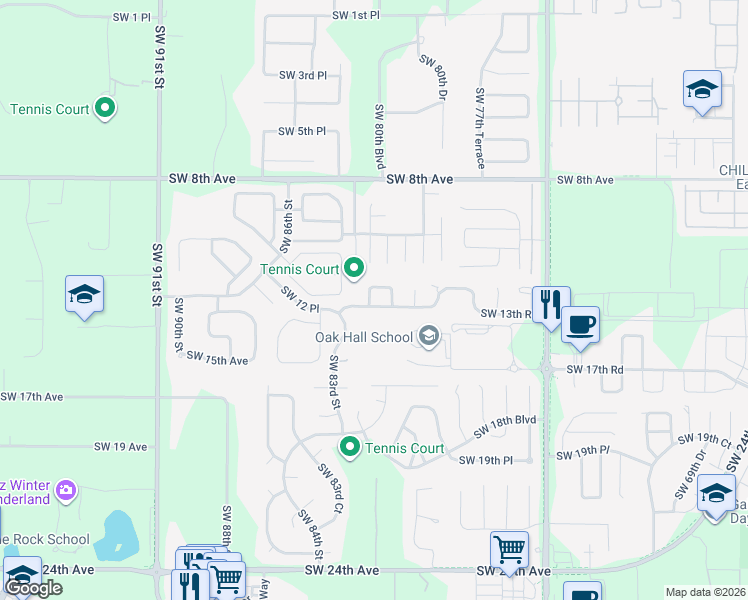 map of restaurants, bars, coffee shops, grocery stores, and more near 8129 Southwest 13th Road in Gainesville