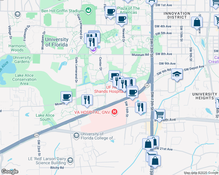 map of restaurants, bars, coffee shops, grocery stores, and more near 1275 Center Drive in Gainesville