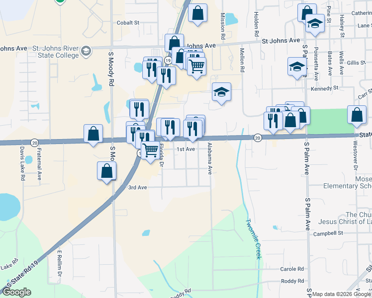 map of restaurants, bars, coffee shops, grocery stores, and more near 211 Oakwood Avenue in Palatka