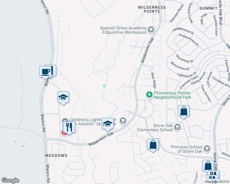 map of restaurants, bars, coffee shops, grocery stores, and more near 831 Synergy Hill in San Antonio