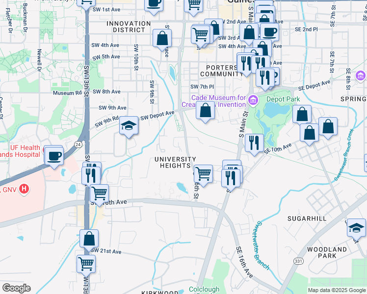 map of restaurants, bars, coffee shops, grocery stores, and more near 610 Southwest 11 Lane in Gainesville