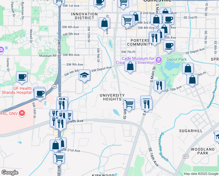 map of restaurants, bars, coffee shops, grocery stores, and more near in Gainesville
