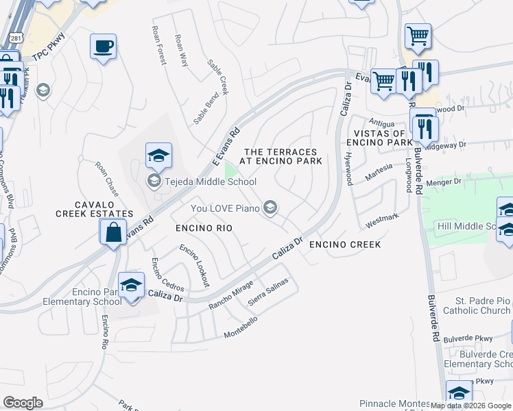 map of restaurants, bars, coffee shops, grocery stores, and more near 12722 Terrace Hollow in San Antonio
