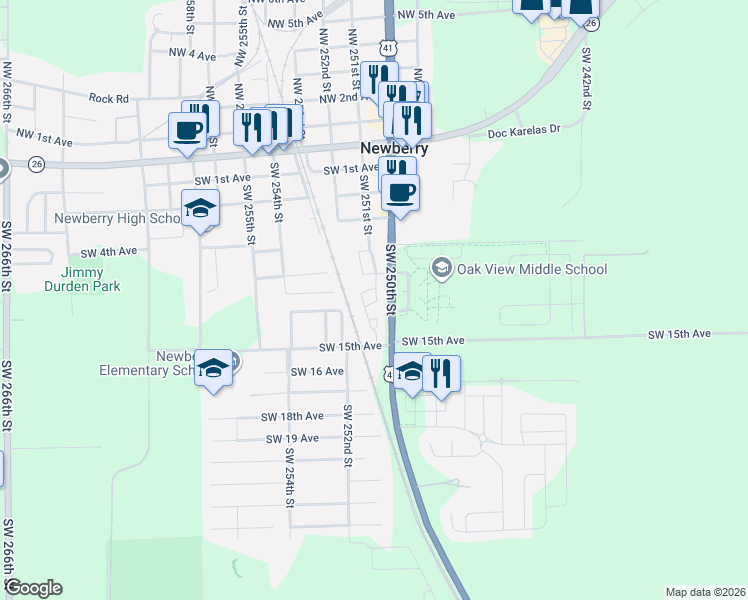 map of restaurants, bars, coffee shops, grocery stores, and more near 1315 Southwest 252nd Street in Newberry