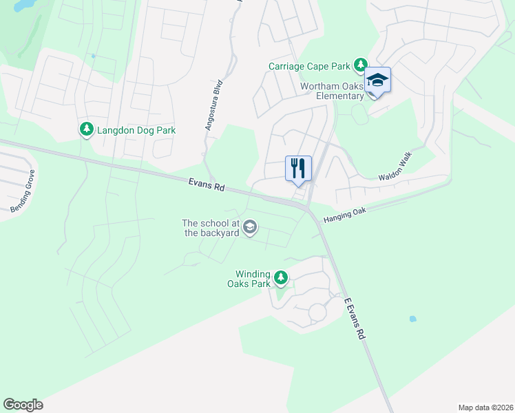 map of restaurants, bars, coffee shops, grocery stores, and more near 5099 Evans Road in San Antonio
