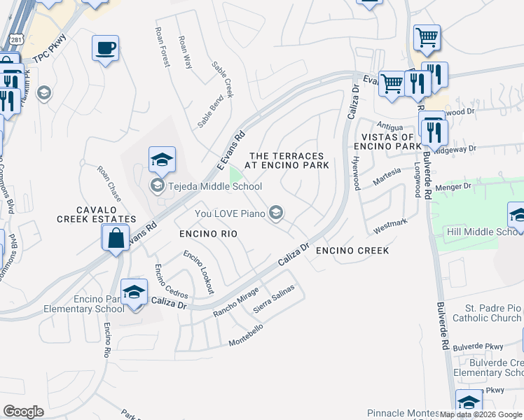 map of restaurants, bars, coffee shops, grocery stores, and more near 12722 Terrace Hollow in San Antonio