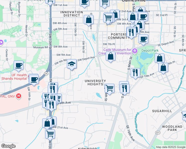map of restaurants, bars, coffee shops, grocery stores, and more near in Gainesville