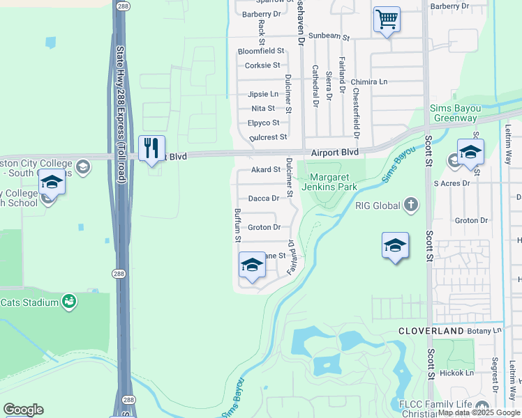 map of restaurants, bars, coffee shops, grocery stores, and more near 3023 Dacca Drive in Houston