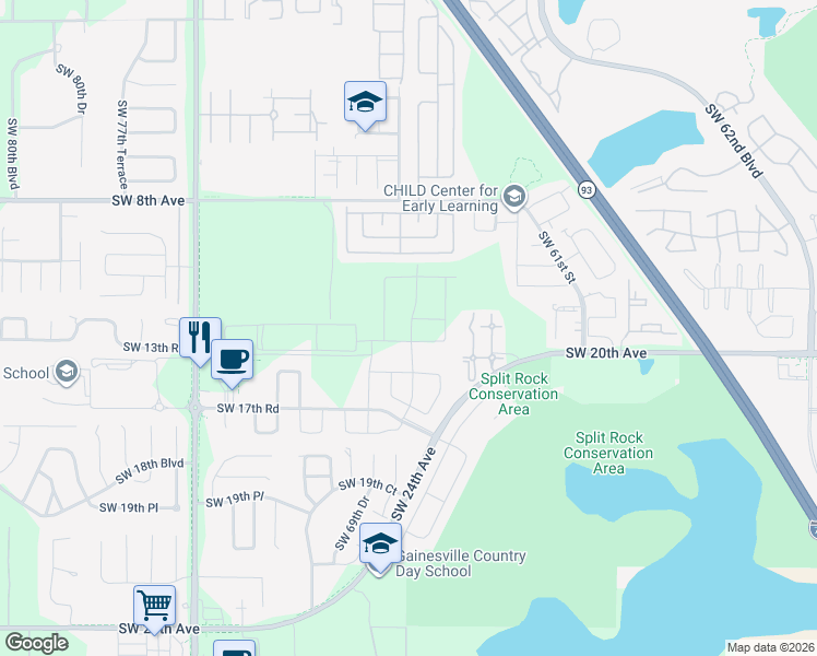 map of restaurants, bars, coffee shops, grocery stores, and more near 736-744 Queens Rd in Gainesville
