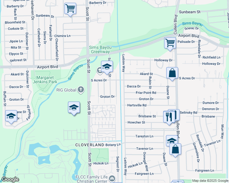 map of restaurants, bars, coffee shops, grocery stores, and more near 10815 Segrest Drive in Houston