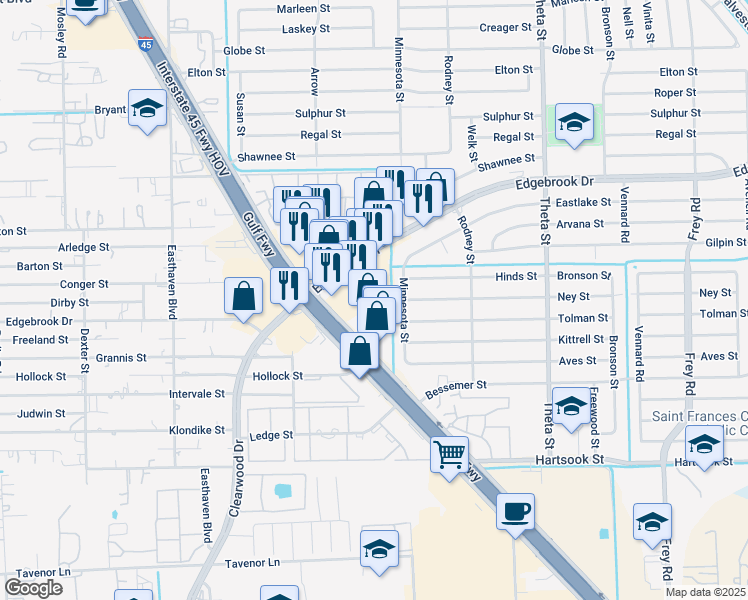 map of restaurants, bars, coffee shops, grocery stores, and more near 1150 Edgebrook Drive in Houston