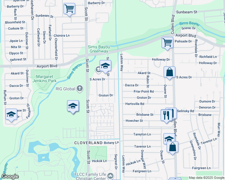 map of restaurants, bars, coffee shops, grocery stores, and more near 10815 Segrest Drive in Houston