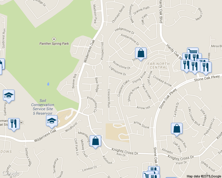 map of restaurants, bars, coffee shops, grocery stores, and more near 1507 Crescent Place in San Antonio