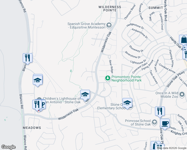 map of restaurants, bars, coffee shops, grocery stores, and more near 21503 Beaver Brk in San Antonio