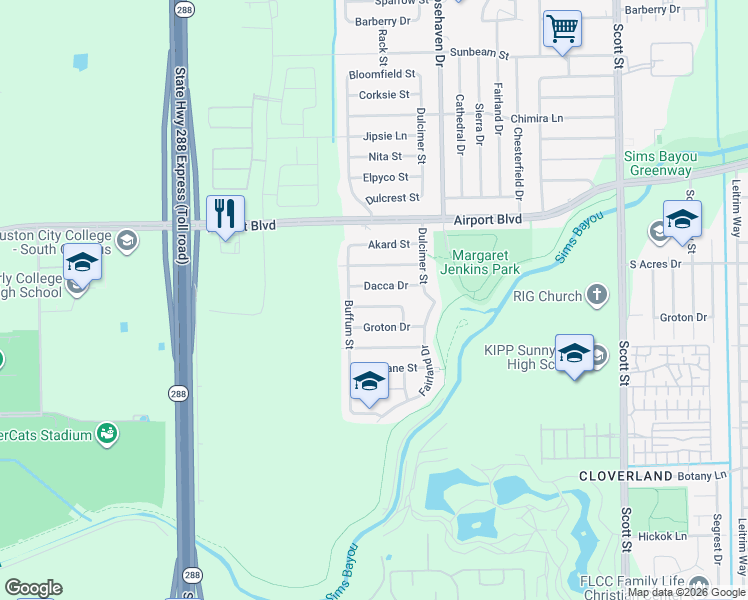map of restaurants, bars, coffee shops, grocery stores, and more near 3023 Dacca Drive in Houston