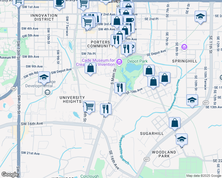 map of restaurants, bars, coffee shops, grocery stores, and more near Guerry-Hawthorne Connection Trail in Gainesville