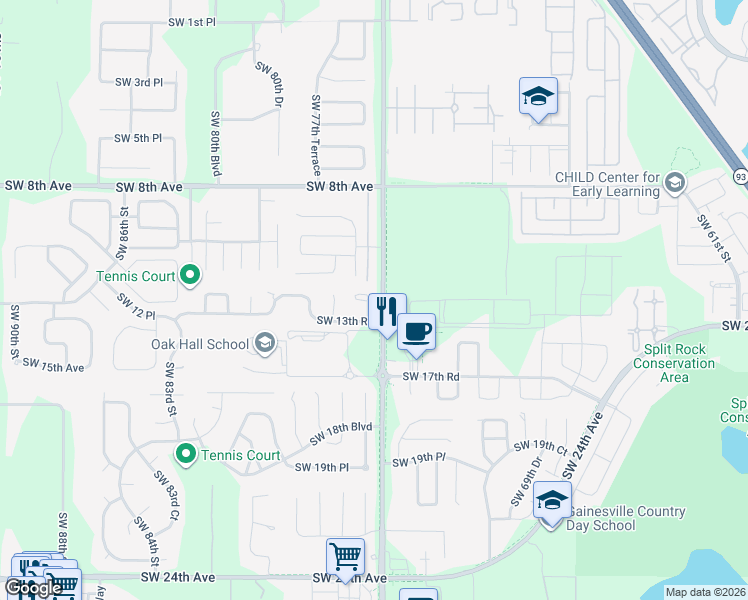 map of restaurants, bars, coffee shops, grocery stores, and more near 1121 Southwest 76 Terrace in Gainesville