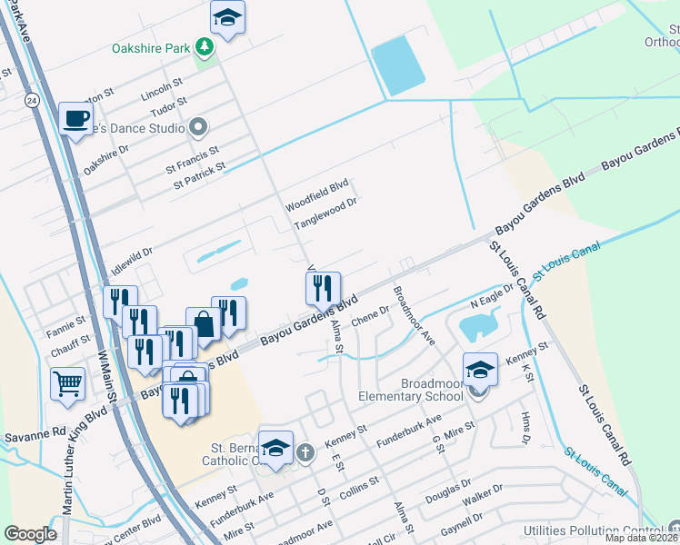 map of restaurants, bars, coffee shops, grocery stores, and more near 449 Christopher Drive in Houma