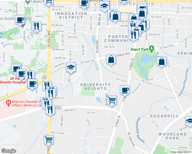 map of restaurants, bars, coffee shops, grocery stores, and more near 1030 Southwest 6th Drive in Gainesville