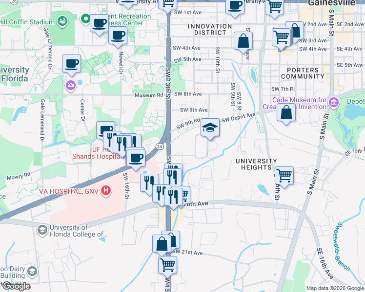 map of restaurants, bars, coffee shops, grocery stores, and more near 1210 Southwest 11th Avenue in Gainesville