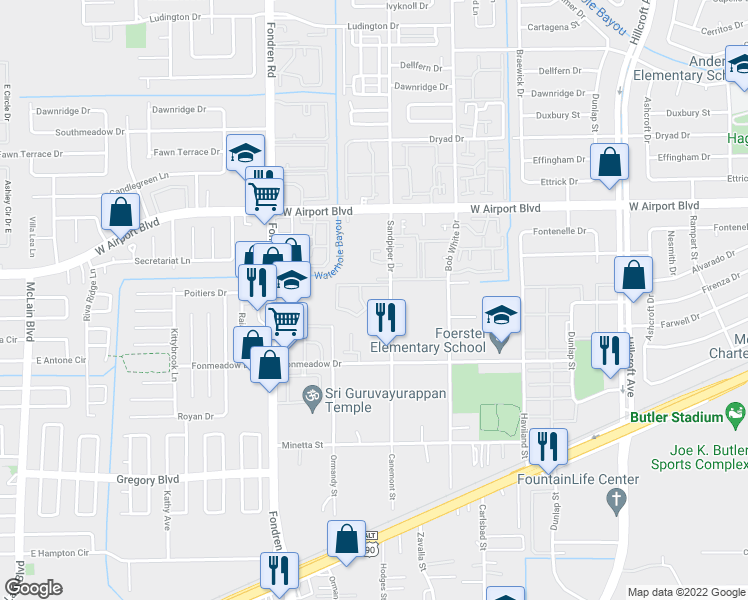 map of restaurants, bars, coffee shops, grocery stores, and more near 12500 Sandpiper Drive in Houston