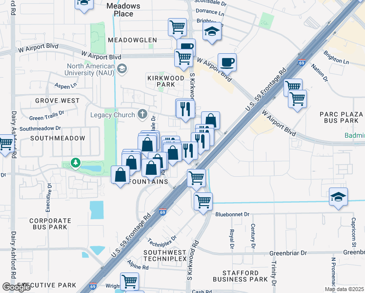 map of restaurants, bars, coffee shops, grocery stores, and more near 12525 South Kirkwood Road in Stafford