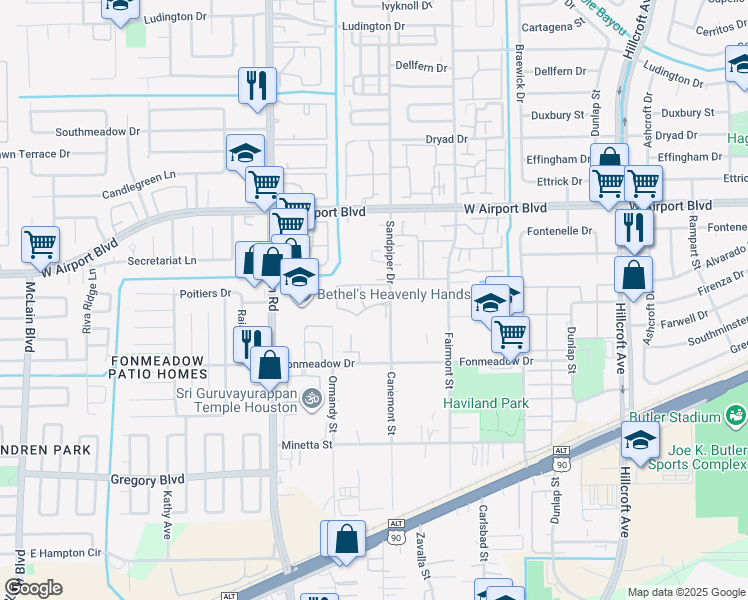 map of restaurants, bars, coffee shops, grocery stores, and more near 12500 Sandpiper Drive in Houston