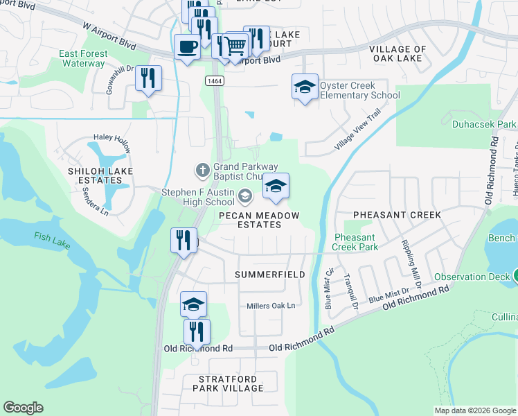 map of restaurants, bars, coffee shops, grocery stores, and more near 3434 Pheasant Creek Drive in Sugar Land