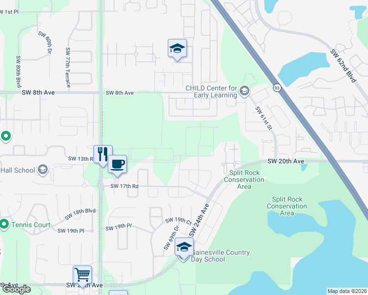 map of restaurants, bars, coffee shops, grocery stores, and more near 736-744 Queens Rd in Gainesville