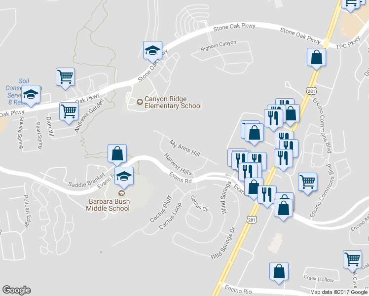map of restaurants, bars, coffee shops, grocery stores, and more near My Anns Hill in San Antonio