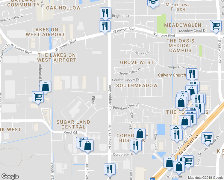 map of restaurants, bars, coffee shops, grocery stores, and more near 12300 Cardinal Meadow Drive in Sugar Land