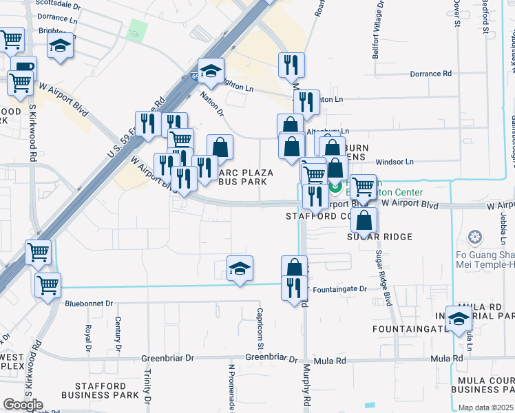 map of restaurants, bars, coffee shops, grocery stores, and more near 11103 West Airport Boulevard in Stafford