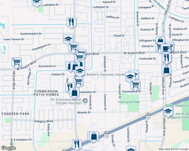 map of restaurants, bars, coffee shops, grocery stores, and more near 12500 Sandpiper Drive in Houston
