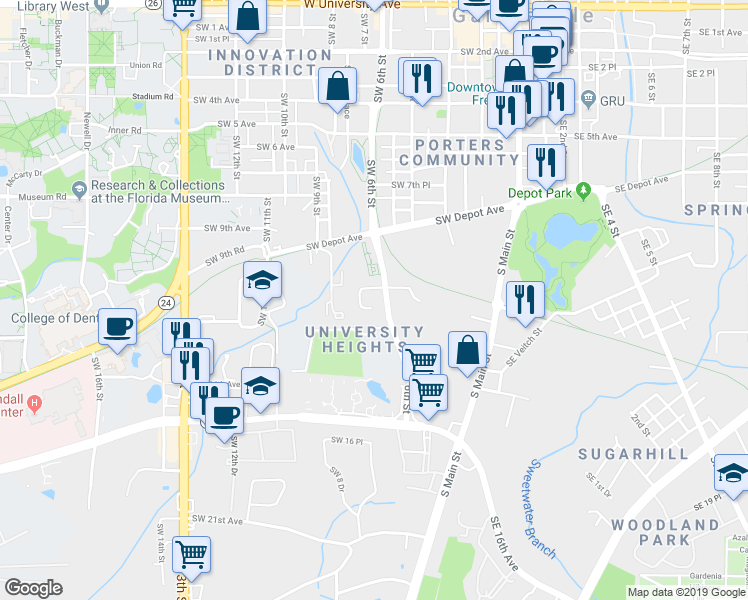 map of restaurants, bars, coffee shops, grocery stores, and more near 610 Southwest 10th Lane in Gainesville