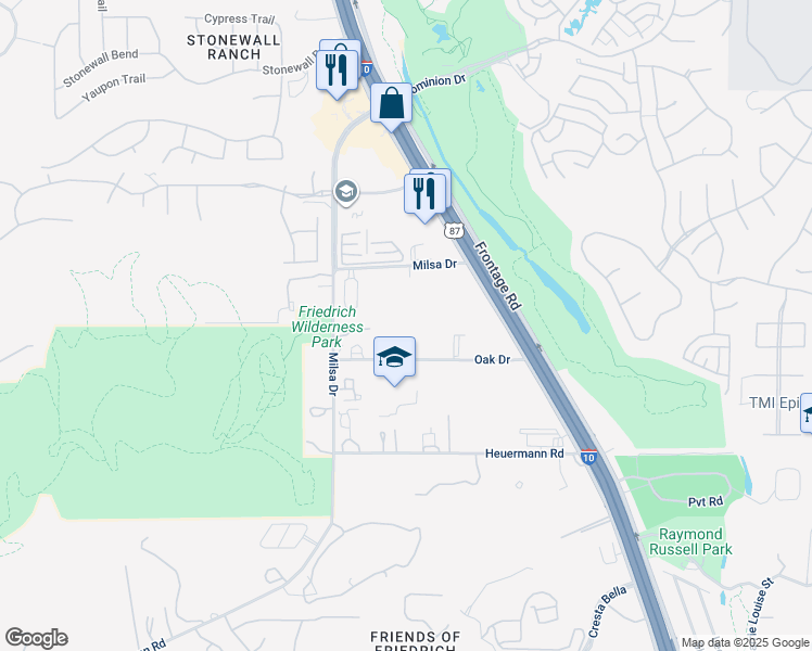 map of restaurants, bars, coffee shops, grocery stores, and more near 7025 Oak Drive in San Antonio