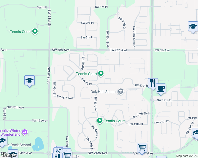 map of restaurants, bars, coffee shops, grocery stores, and more near 1107 Southwest 83rd Way in Gainesville