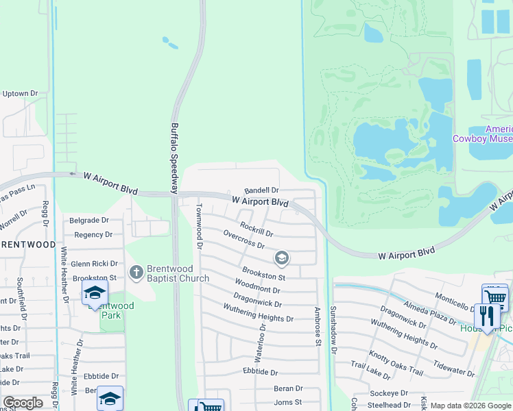 map of restaurants, bars, coffee shops, grocery stores, and more near 3347 Bandell Drive in Houston