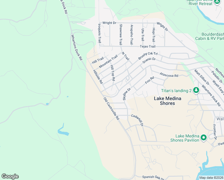 map of restaurants, bars, coffee shops, grocery stores, and more near 112 Hill Top Road in Bandera