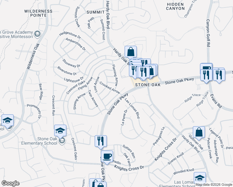 map of restaurants, bars, coffee shops, grocery stores, and more near 25107 Arrow Glen in San Antonio
