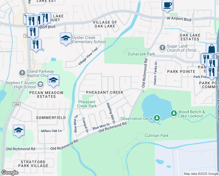 map of restaurants, bars, coffee shops, grocery stores, and more near 16803 Ribbonridge Drive in Sugar Land