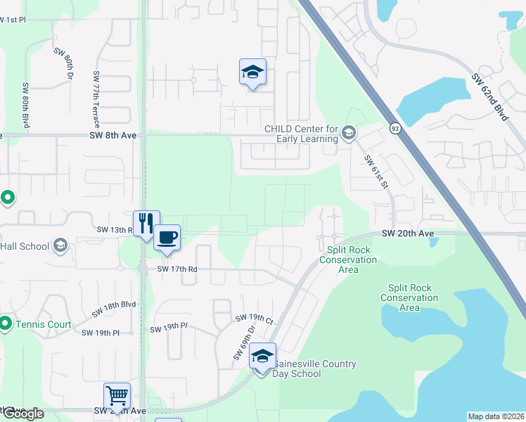 map of restaurants, bars, coffee shops, grocery stores, and more near 736-744 Queens Rd in Gainesville