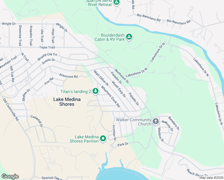 map of restaurants, bars, coffee shops, grocery stores, and more near 361 Wyatt Earp Road in Bandera