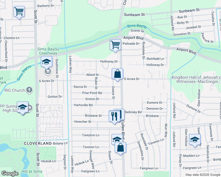 map of restaurants, bars, coffee shops, grocery stores, and more near 10815 Safeguard Street in Houston