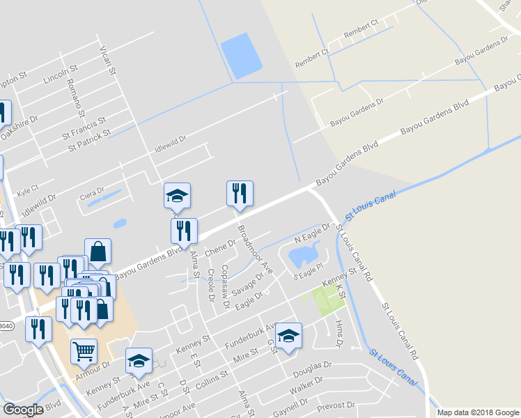 map of restaurants, bars, coffee shops, grocery stores, and more near 832 Bayou Gardens Boulevard in Houma