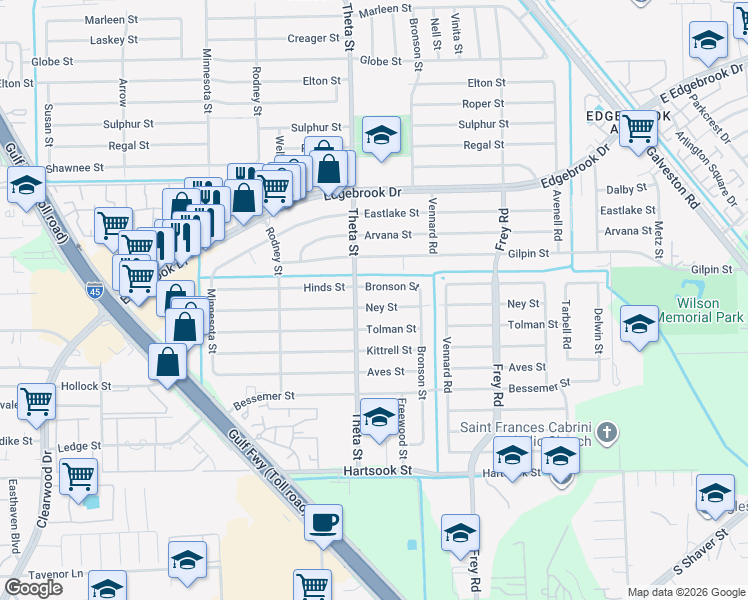 map of restaurants, bars, coffee shops, grocery stores, and more near 10218 Hinds Street in Houston