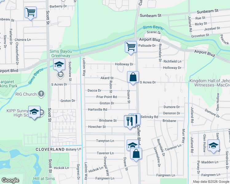 map of restaurants, bars, coffee shops, grocery stores, and more near 4303 Dacca Drive in Houston